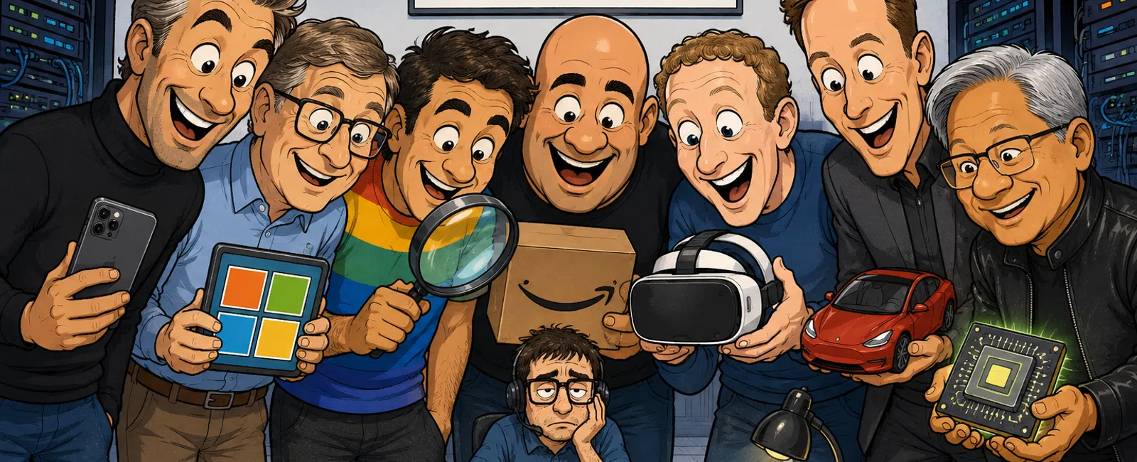 Cartoon of seven tech leaders excitedly showing devices while one person looks overwhelmed at a desk under THE BIG 7 sign.