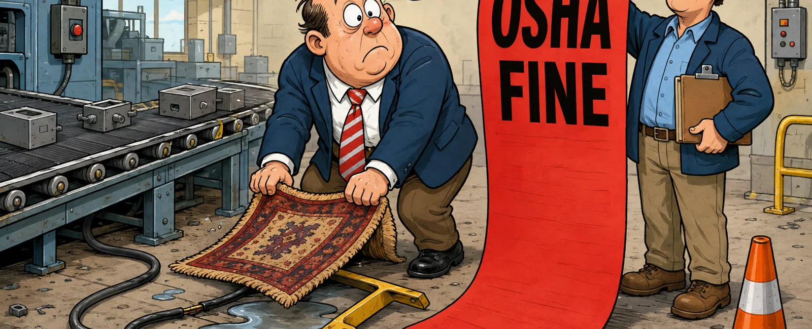 Factory worker nervously hiding a spill under a rug as inspector shows an OSHA fine on large red scroll.