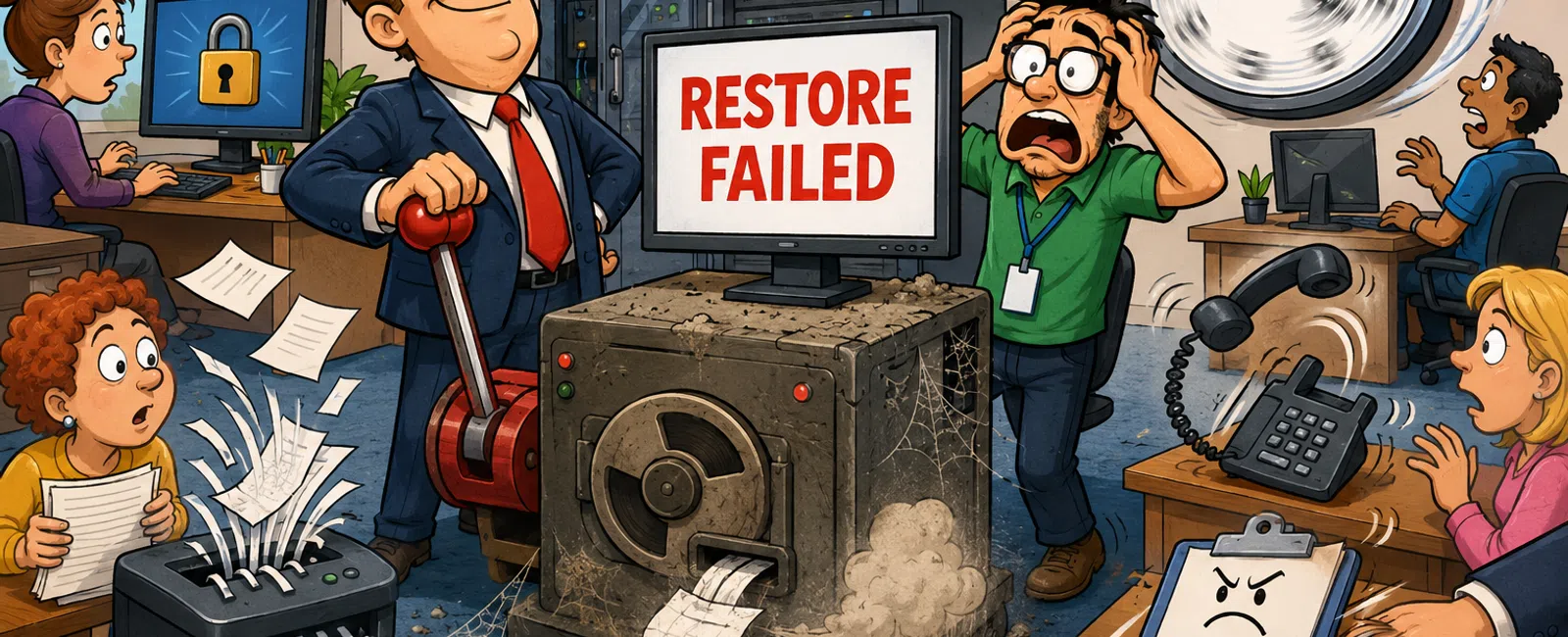 Busy office with chaotic computer restore failure, stressed employees, shredding papers, and urgent phone ringing.