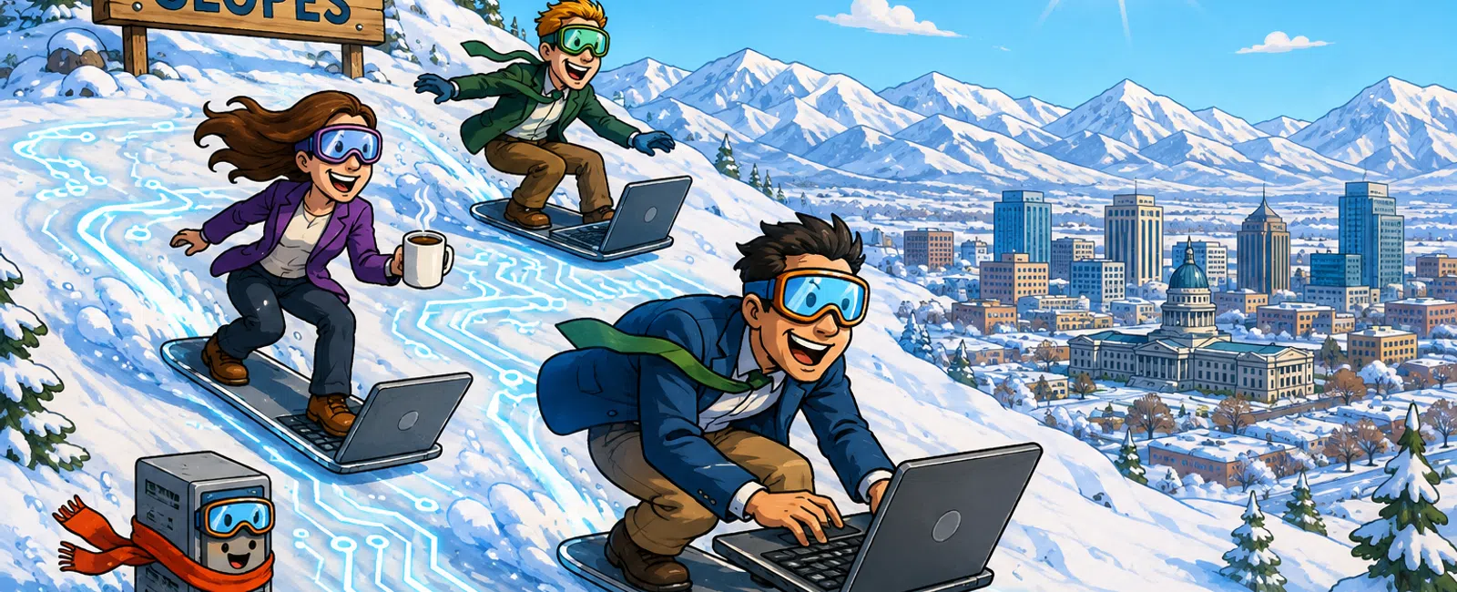 Three people snowboarding with laptops down Silicon Slopes mountain with a snowy city and mountains in the background.