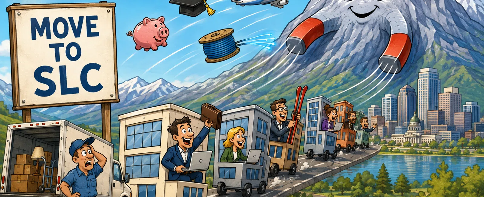 Cartoon showing people moving to Salt Lake City attracted by a smiling mountain with a magnet and job symbols like piggy bank and airplane.