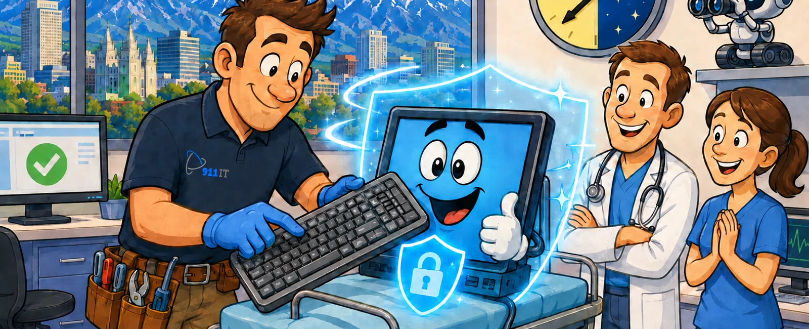 Tech professional secures animated happy computer on hospital bed with doctor and nurse watching, mountains visible outside.