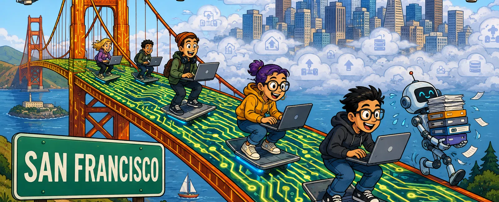 People and a robot using laptops hoverboarding across Golden Gate Bridge towards a tech-filled San Francisco skyline.