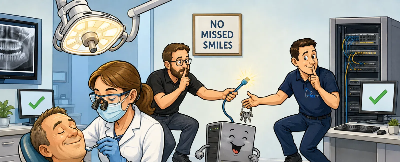 Dentist treating smiling patient in dental office while techs secretly exchange glowing tools behind a sign reading No Missed Smiles.