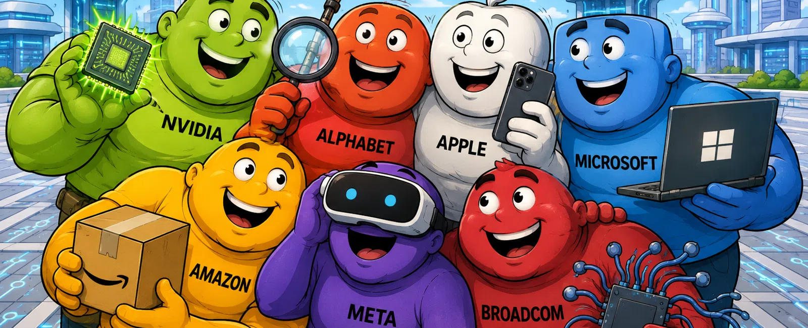 Colorful characters representing tech giants like Nvidia, Alphabet, Apple, Microsoft, Amazon, Meta, and Broadcom in a futuristic city.