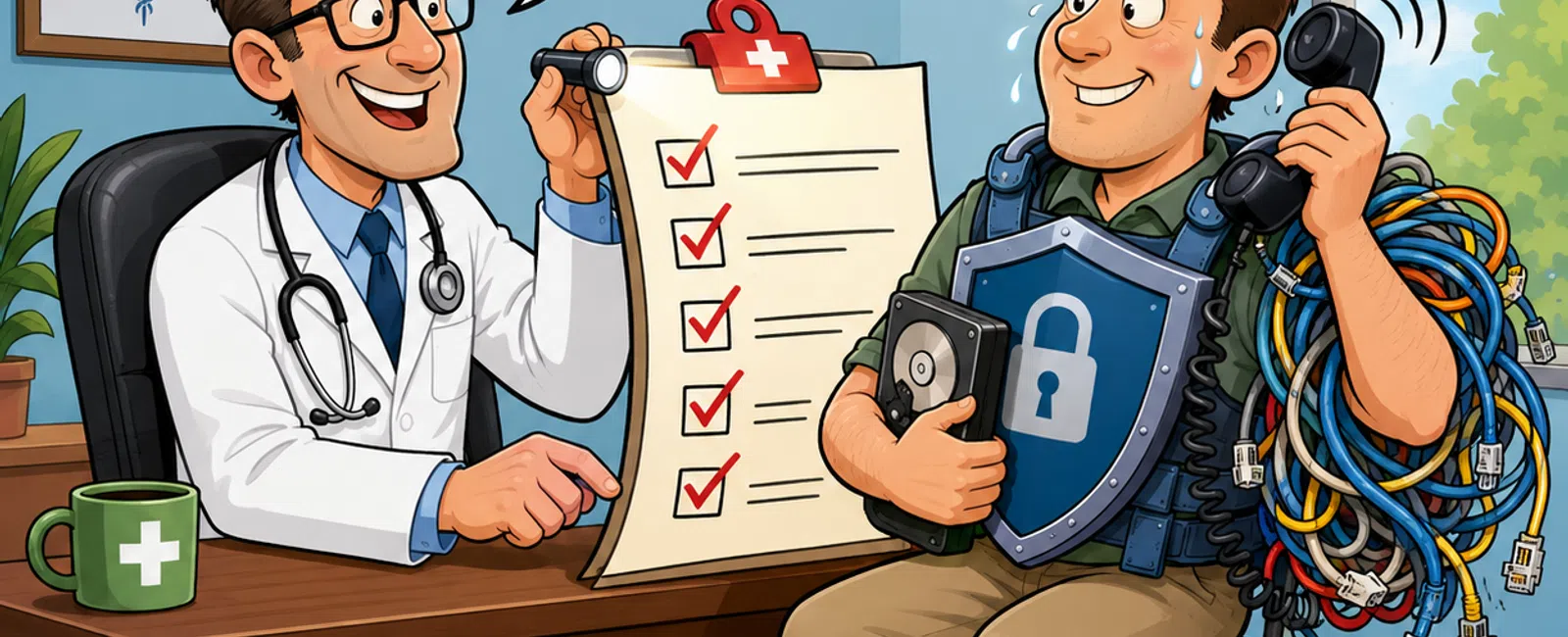 Doctor interviewing a stressed IT professional about HIPAA, EHR, and 24/7 support during an MSP interview in an office.