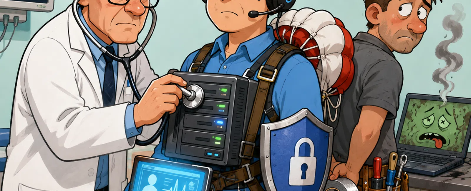 Doctor checks digital and physical security of a nervous IT worker while a technician repairs a smoking laptop.