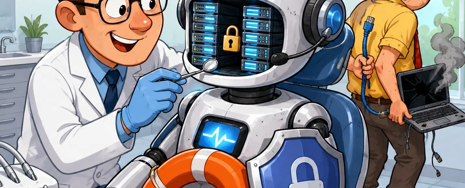 Dentist treats a robot with data servers and a lock symbol, while a man with a broken laptop and cable looks worried.