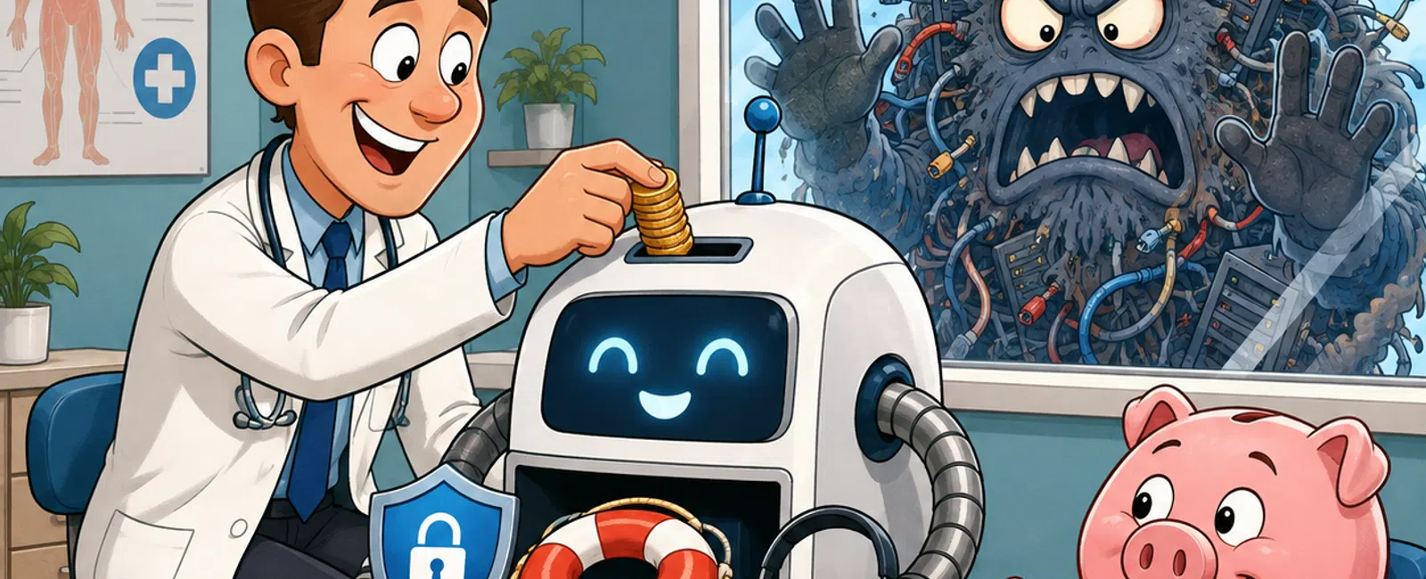 Doctor deposits coins into a smiling robot with security shield and lifebuoy as pig patient thumbs up, angry virus outside.