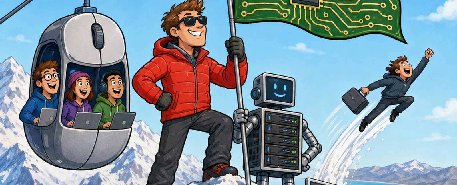 Person planting a circuit-board flag on a snowy peak with a robot, people in cable car, and tech city below under clear sky.