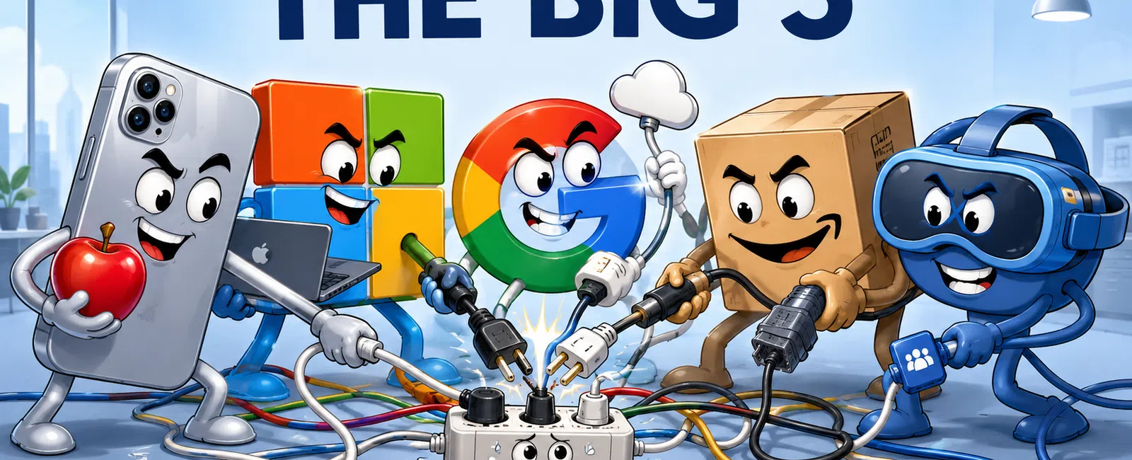 Cartoon characters of the Big Tech companies plugging cables into a stressed power strip in an office.