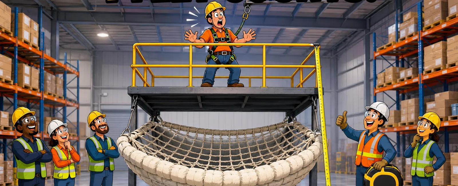 Cartoon warehouse workers demonstrate safety with a net catching a falling worker emphasizing 4 feet fall protection.