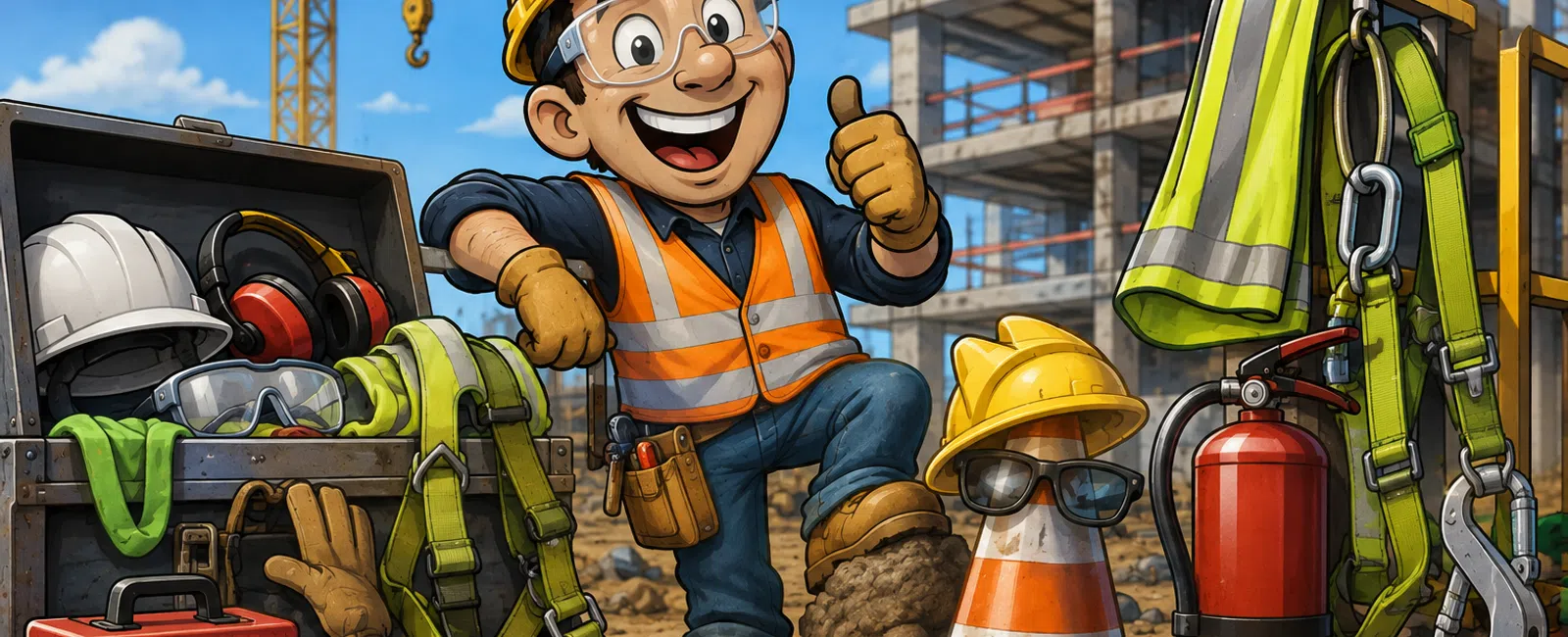 Cheerful construction worker giving thumbs up at active site with safety gear and equipment around.