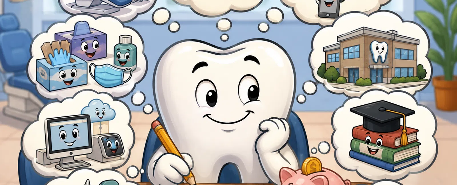 Smiling tooth calculates finances surrounded by dental care, technology, education, safety, and office icons in thought bubbles.