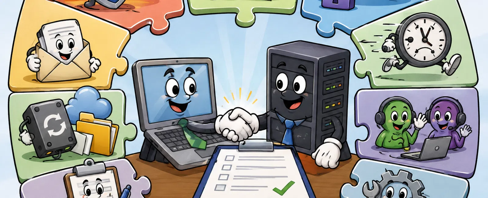 Cartoon laptop and server handshake surrounded by puzzle pieces depicting cybersecurity, cloud, data, time, teamwork, and finance.