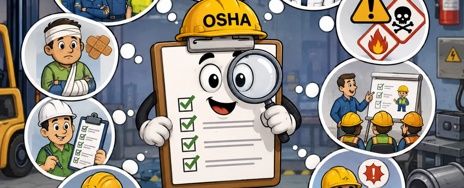 Cartoon OSHA clipboard character with safety icons showing workplace safety, training, hazards, medical aid, and compliance.