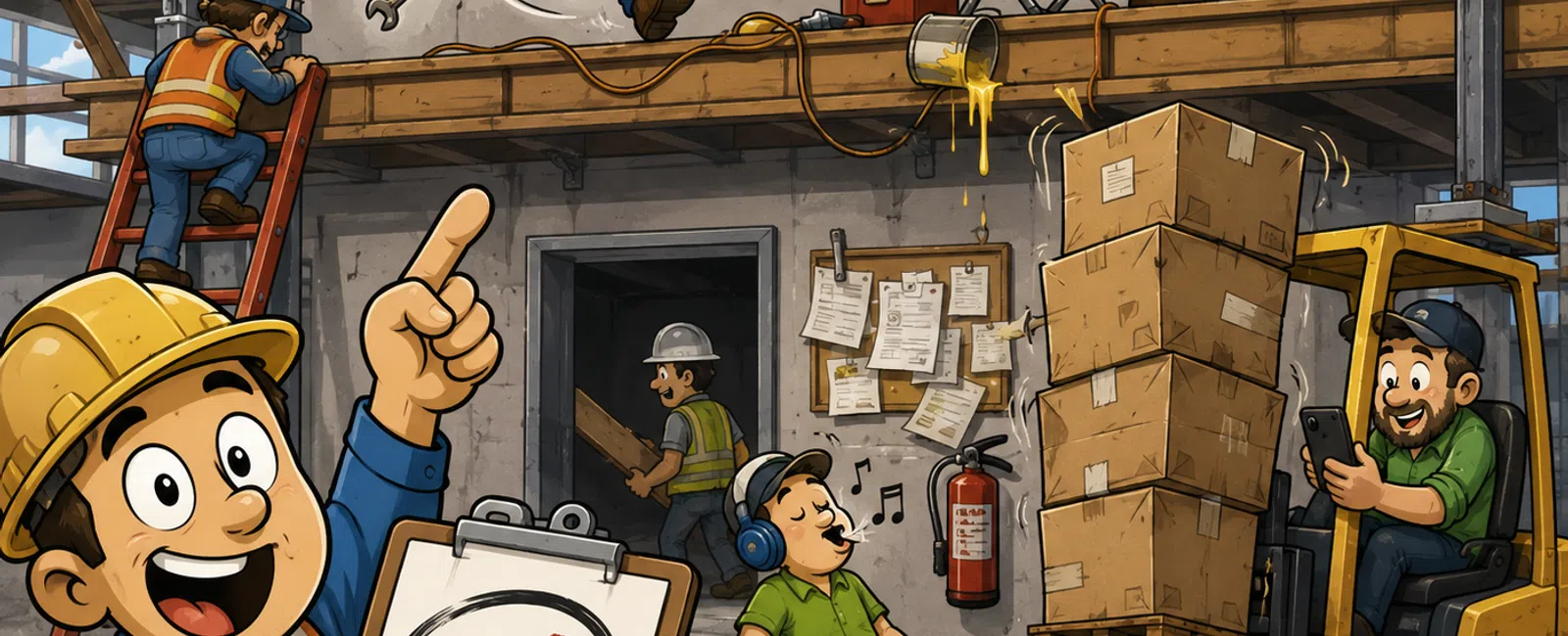 Cartoon construction site showing safety hazards and workers ignoring safety rules with one worker holding a #1 safety sign.