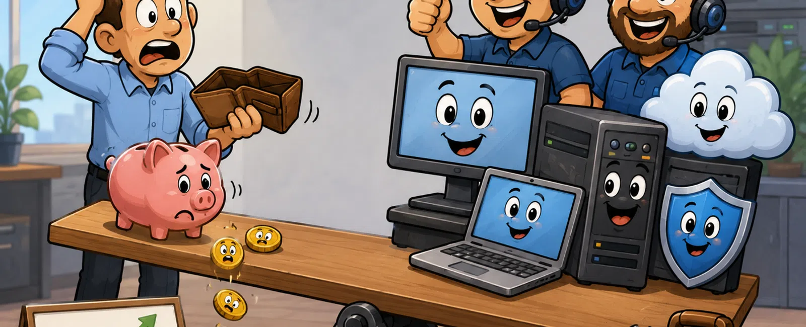 Illustration of a worried man with empty wallet and piggy bank balanced against happy IT support and technology icons on seesaw.