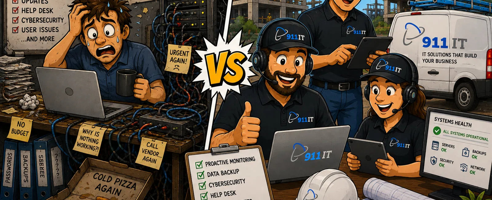 Comparison of stressed in-house IT worker versus happy managed IT services team with clear task lists and system health status.