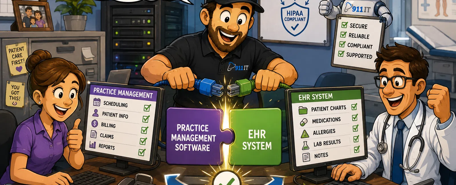 Tech connects practice management software with EHR system for real-time syncing improving healthcare workflow and patient care.