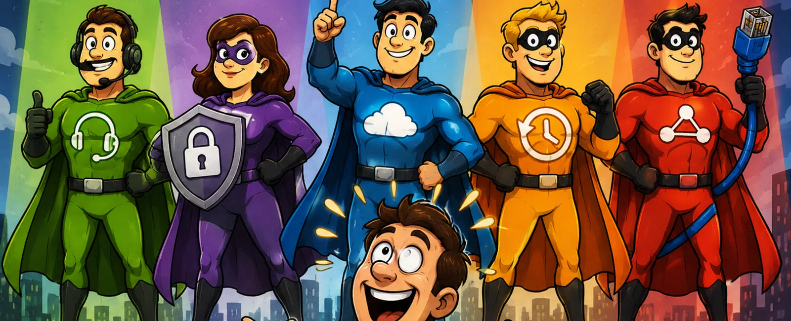 Happy man at laptop with five colorful superhero IT support icons representing security, cloud, backup, and networking.