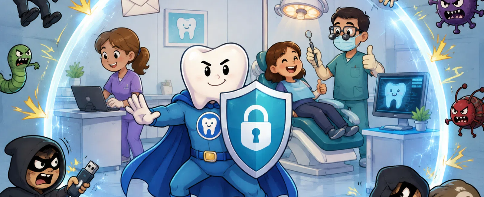 Tooth superhero protects dental clinic and happy child patient from hackers and viruses with shield of security.