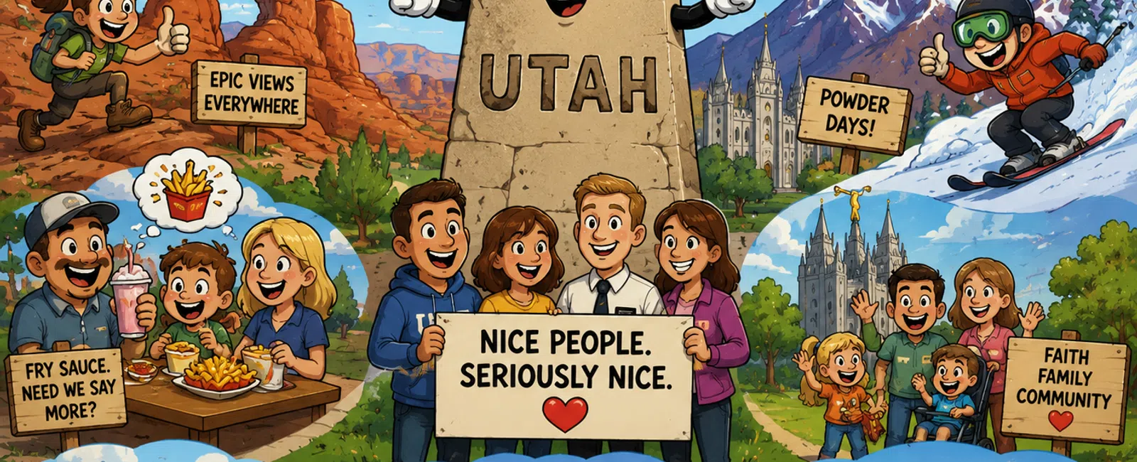 Colorful cartoon collage showcasing Utah's outdoor adventures, food, community, ski slopes, and Utah Jazz basketball fun.
