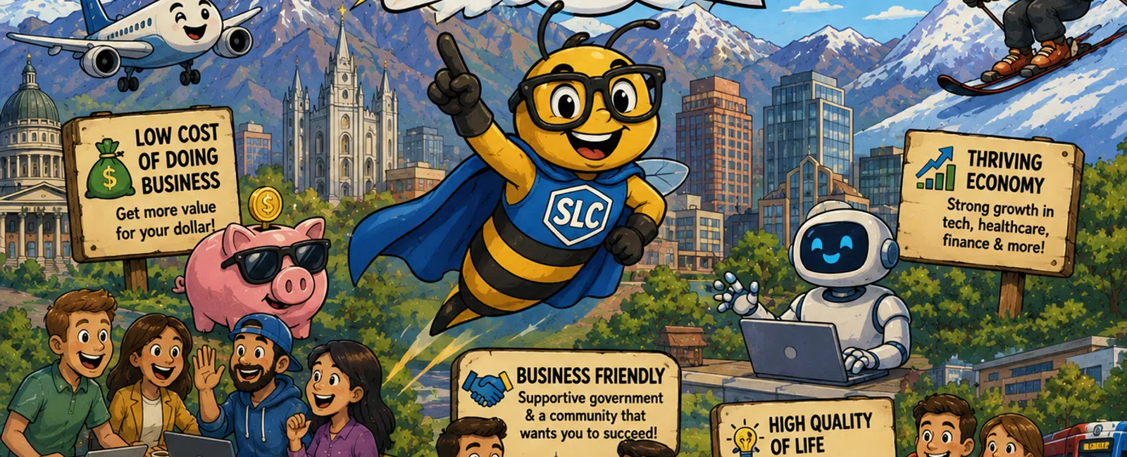 Illustration highlighting Salt Lake City’s appeal for businesses with key benefits like economy, education, and lifestyle.