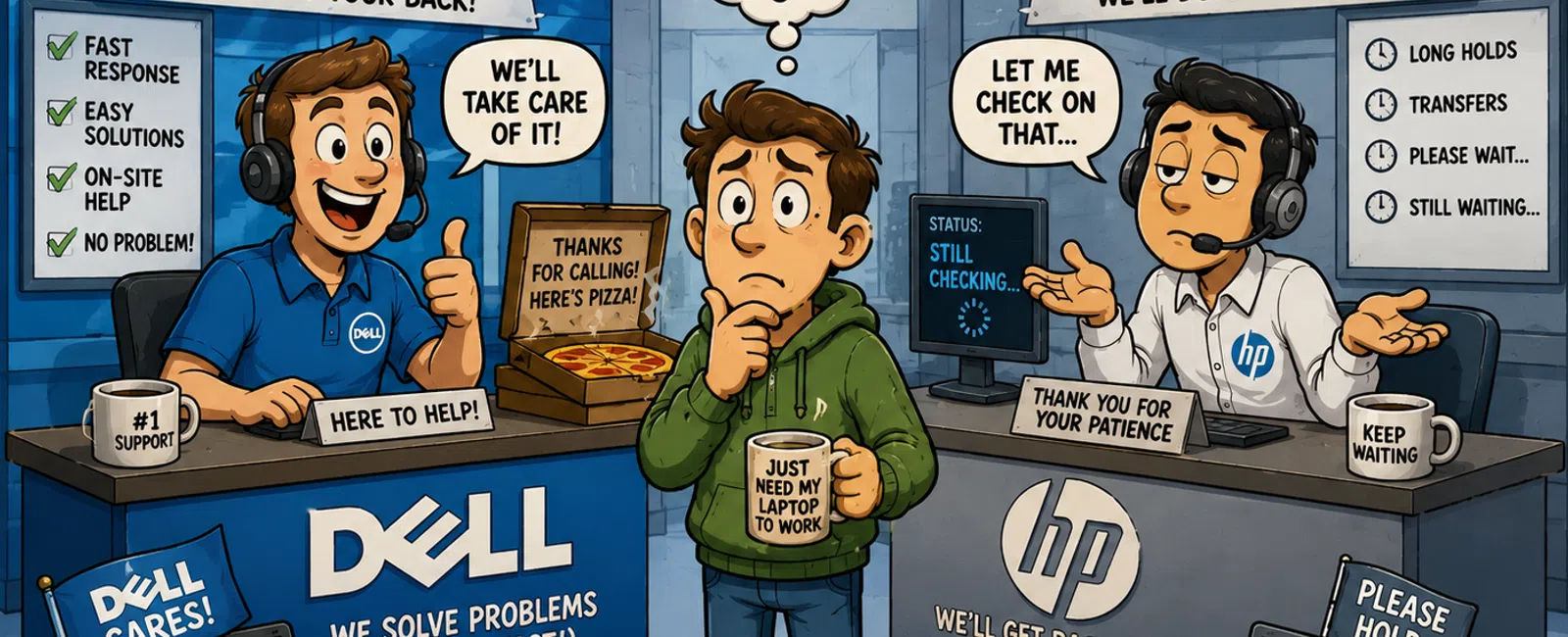 Illustration comparing Dell's fast, helpful customer service versus HP's slow, frustrating support with a confused customer in the middle.