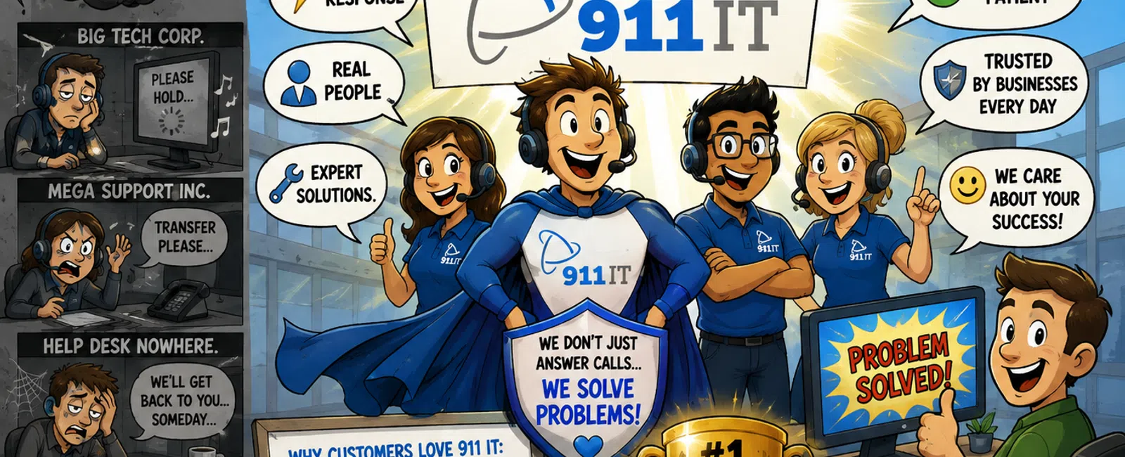 Illustration showing 911 IT as the best customer service with friendly team, fast response, and problem solved.