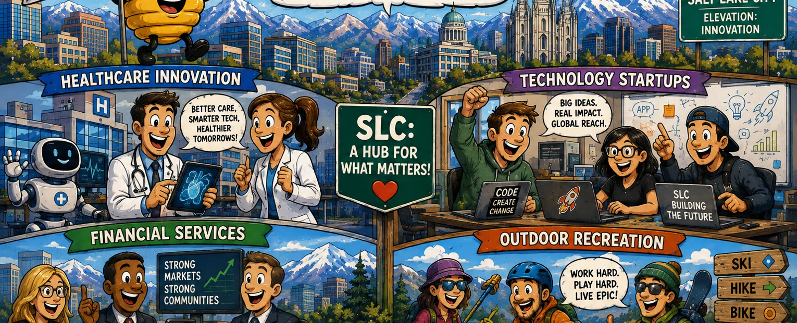 Colorful illustration highlighting Salt Lake City's healthcare, tech startups, financial services, and outdoor recreation.