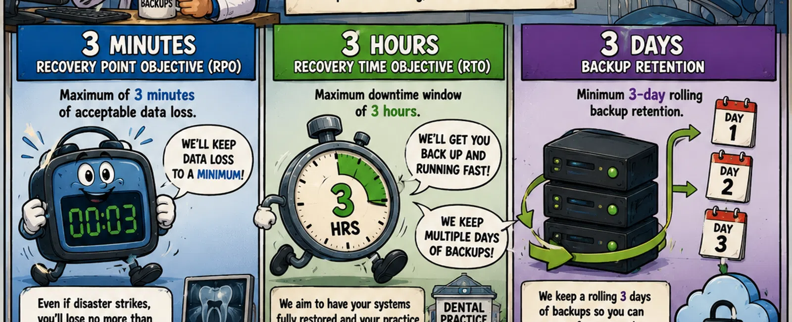 Dental 3-3-3 IT resilience rule overview with recovery goals, backup retention, and practice continuity tips.