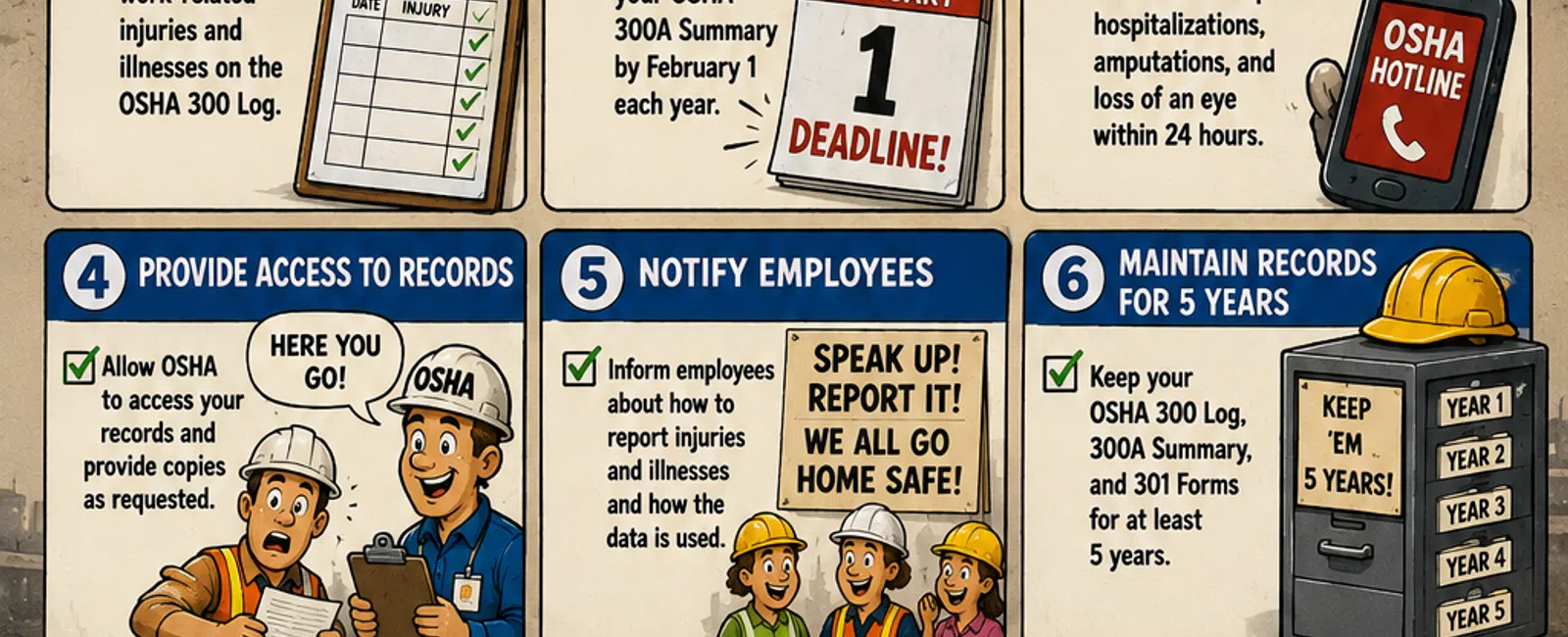 OSHA data requirements compliance checklist for construction with cartoon workers and safety tips in a detailed infographic.