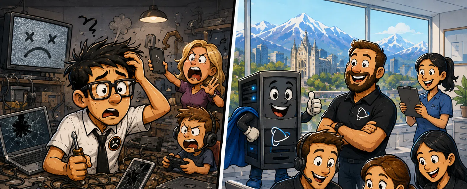 Side-by-side contrast of stressed person with broken tech versus happy team in bright office with secure computers.