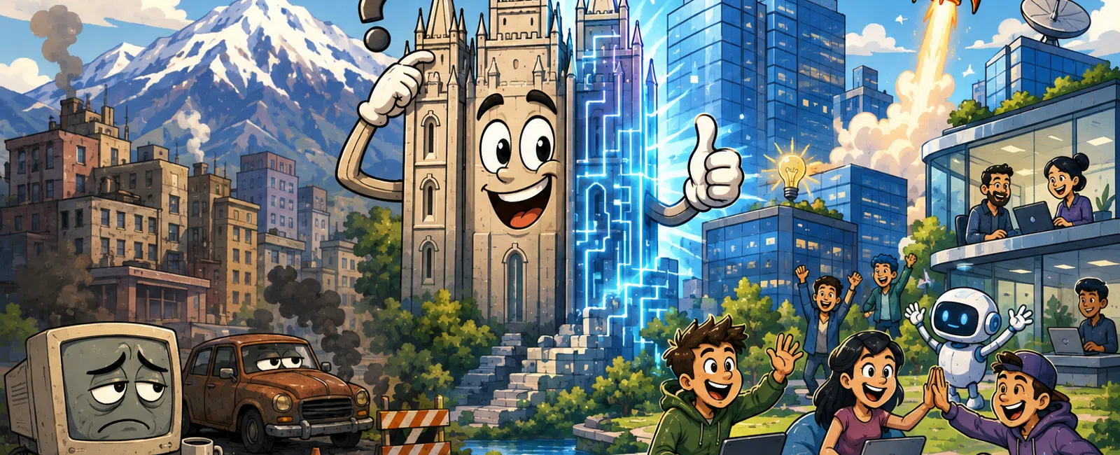 Contrast between old, polluted city with sad computer and modern, vibrant tech city with happy people, robots, and innovation.