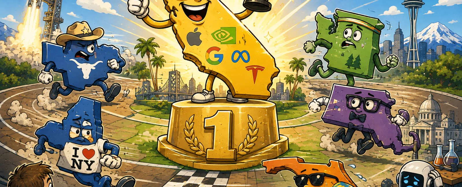 Cartoon states race with California winning, holding a trophy amid tech logos and iconic landmarks in a sunny outdoor stadium.