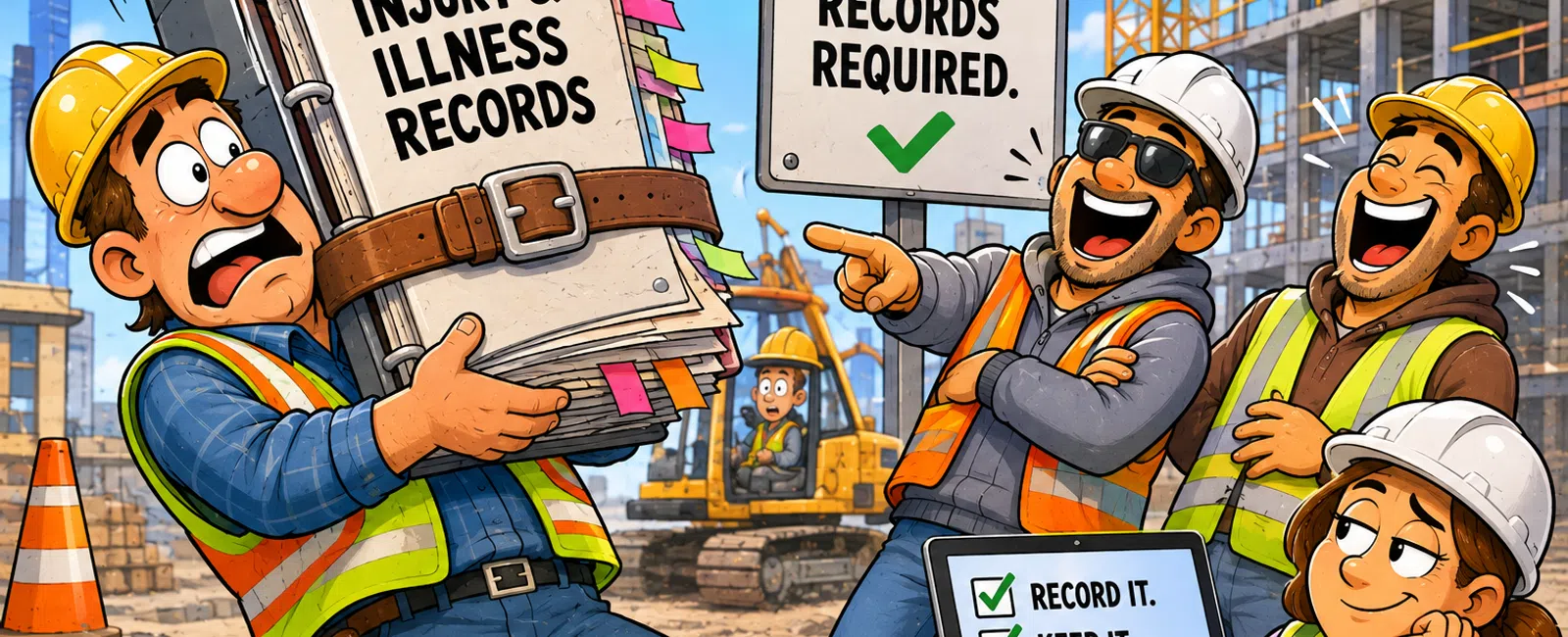 Construction workers with OSHA injury and illness records at a job site emphasizing safety compliance and record keeping.