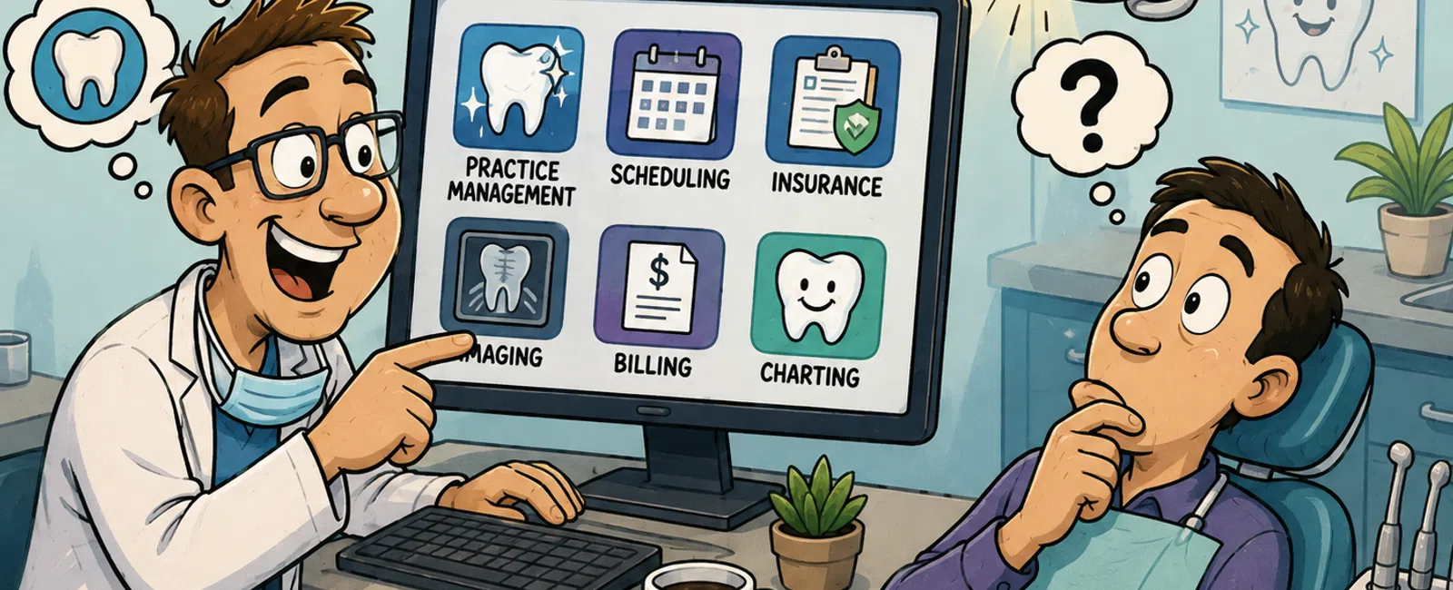Dentist explaining essential dental software features on a computer to a patient in a dental office setting.