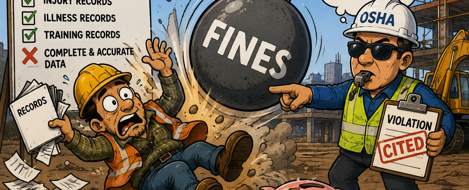 Construction worker overwhelmed by OSHA fines due to incomplete data and violation citation on a busy site.