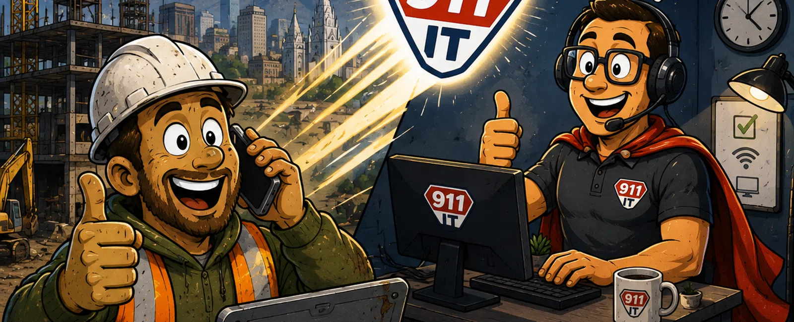 Construction worker and IT support hero showing thumbs up with 24/7 live helpdesk and 911 IT logo.