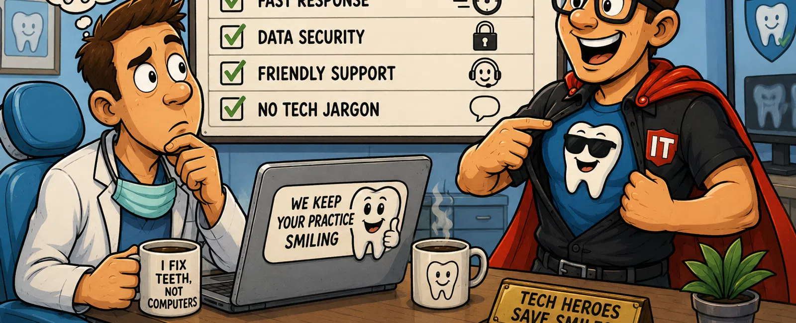 Comic-style image of a dentist and an IT hero discussing choosing an IT company with dental expertise checklist.
