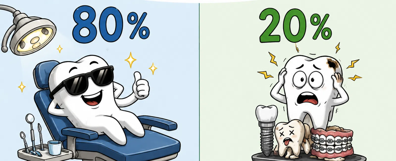 80/20 rule in dentistry showing healthy happy tooth versus stressed tooth with dental issues on a balance scale.