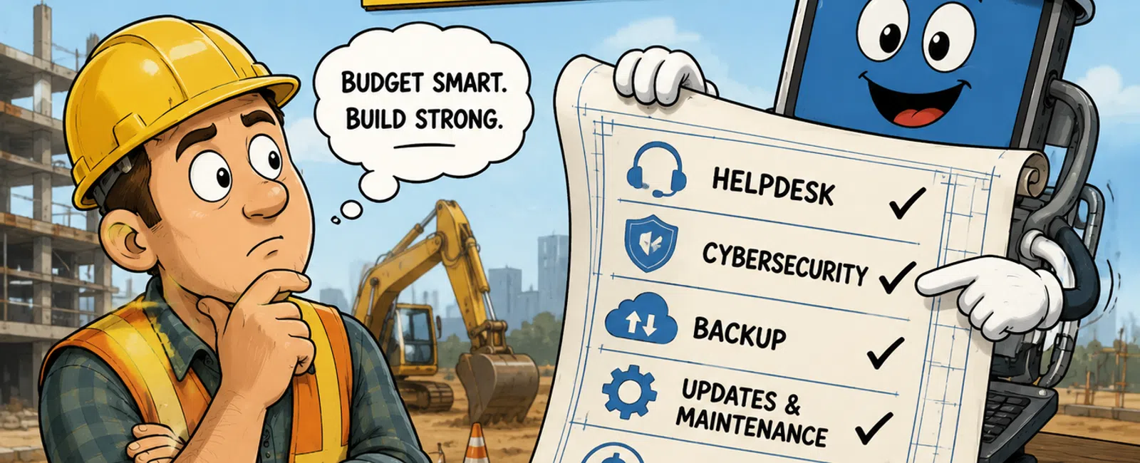 Cartoon construction worker and robot holding IT support checklist for construction business budgeting at site.