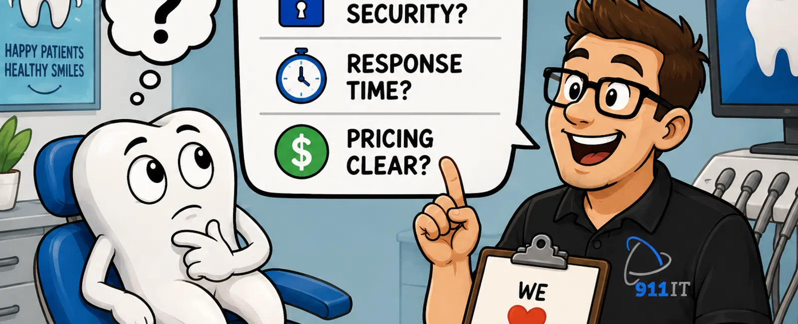 Cartoon tooth in dental chair asks about dental experience, data security, response time, pricing with smiling dentist answering.