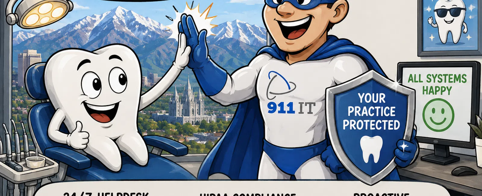 Cartoon showing a tooth and superhero high-fiving in a dental office with Salt Lake City mountains outside.