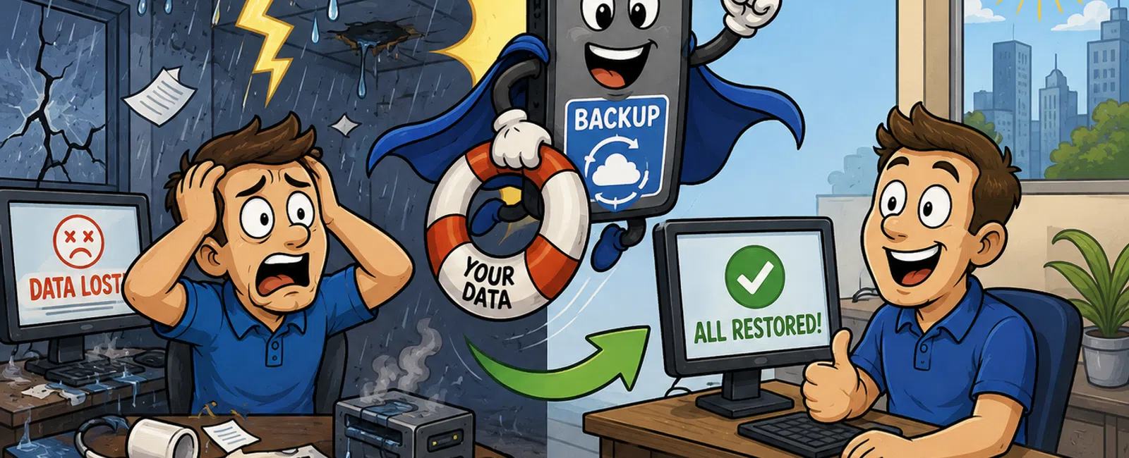 Illustration of data disaster and recovery with backup saving important files for a relaxed business future.