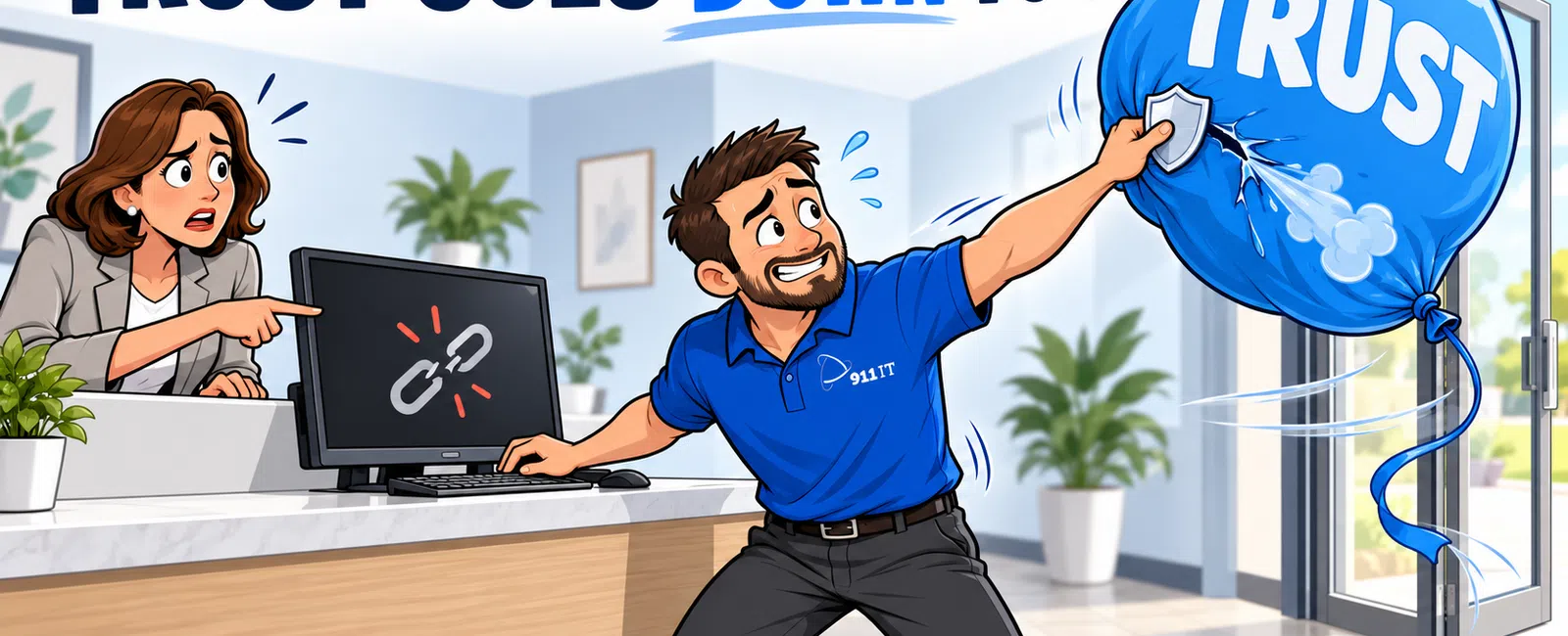 Man in blue shirt struggles to hold a leaking trust balloon as a worried woman points at a broken computer link symbol.
