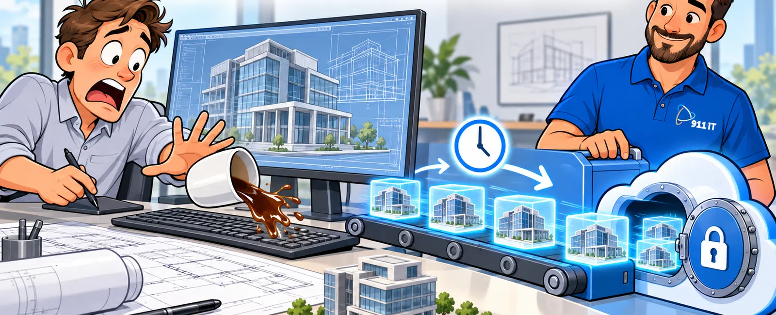 Animated office scene showing data backup with a worried man spilling coffee and a technician securing files on a cloud lock.