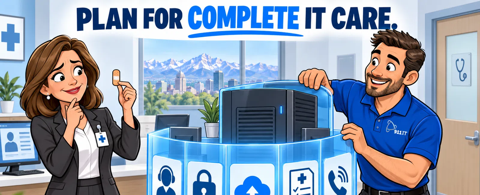 IT specialist shows complete IT care with secure cloud, support, and communication icons around server in office.