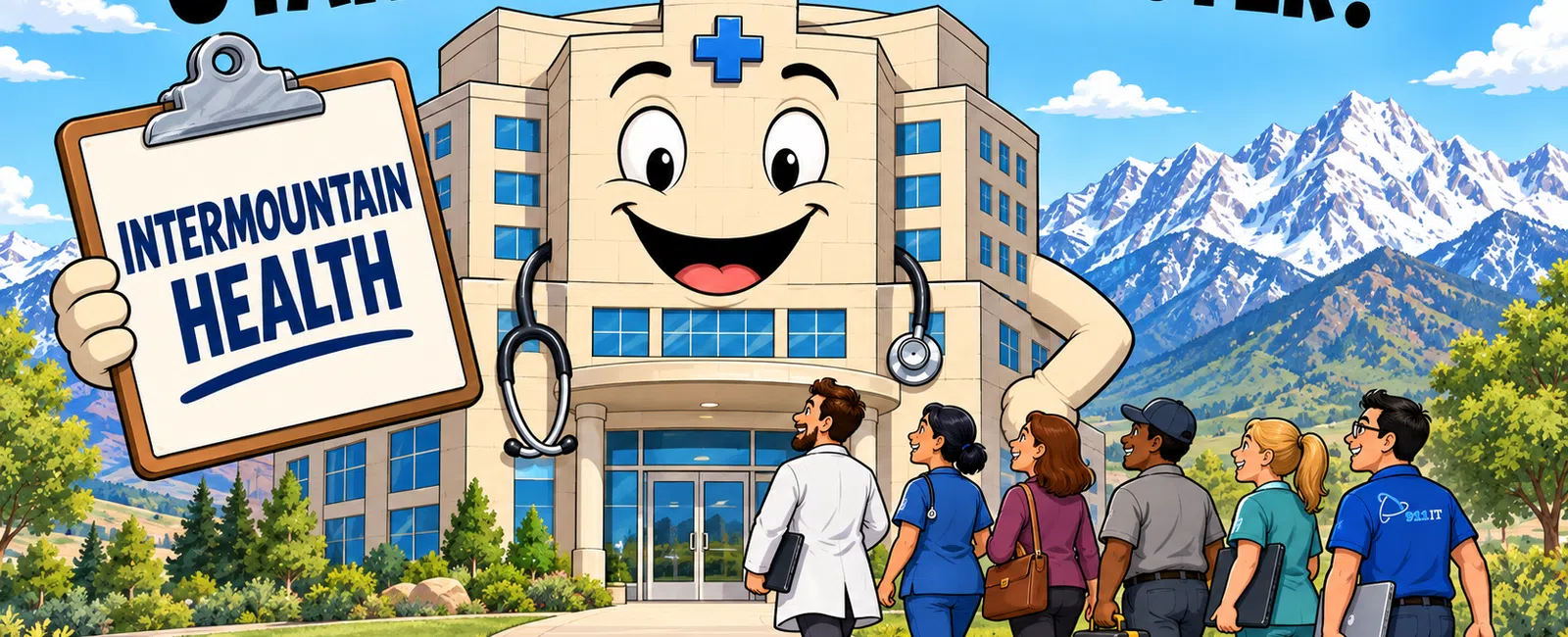 Cartoon hospital building with smiling face and stethoscope, staff walking toward it, text about Utah's biggest employer.
